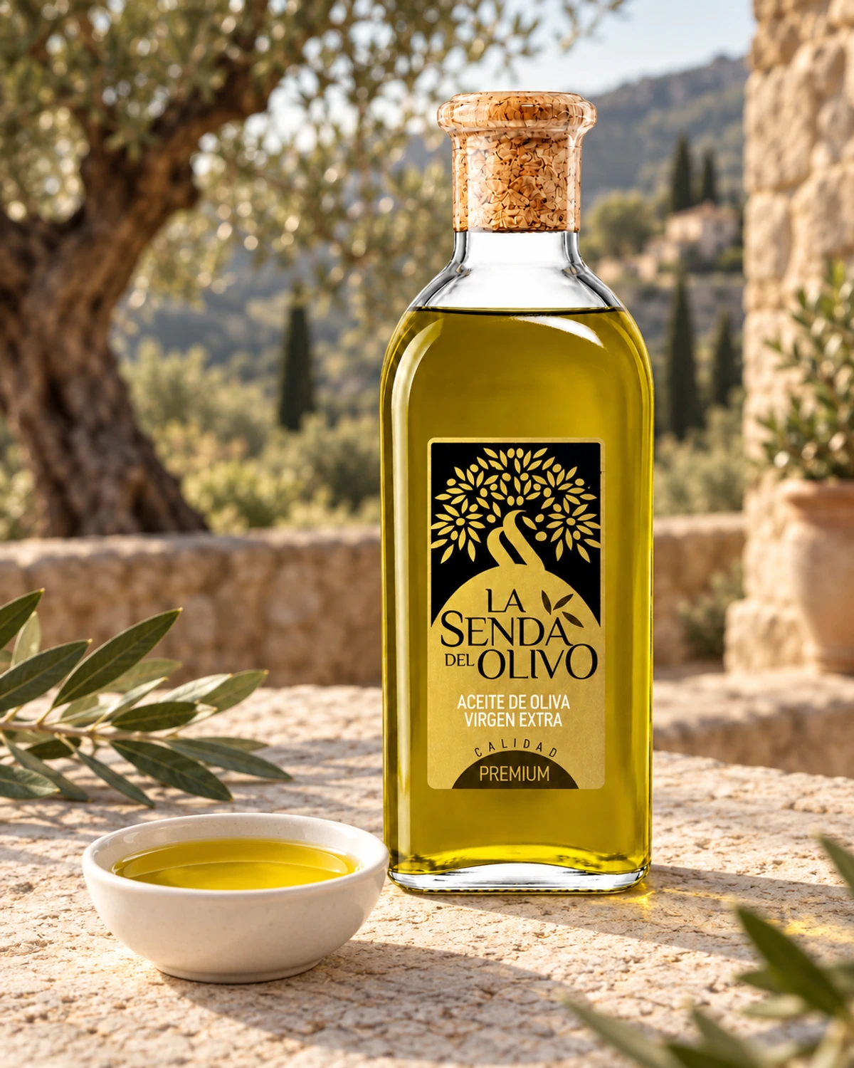 Frasca La Senda del Olivo con cuenco de aceite frente a un olivar